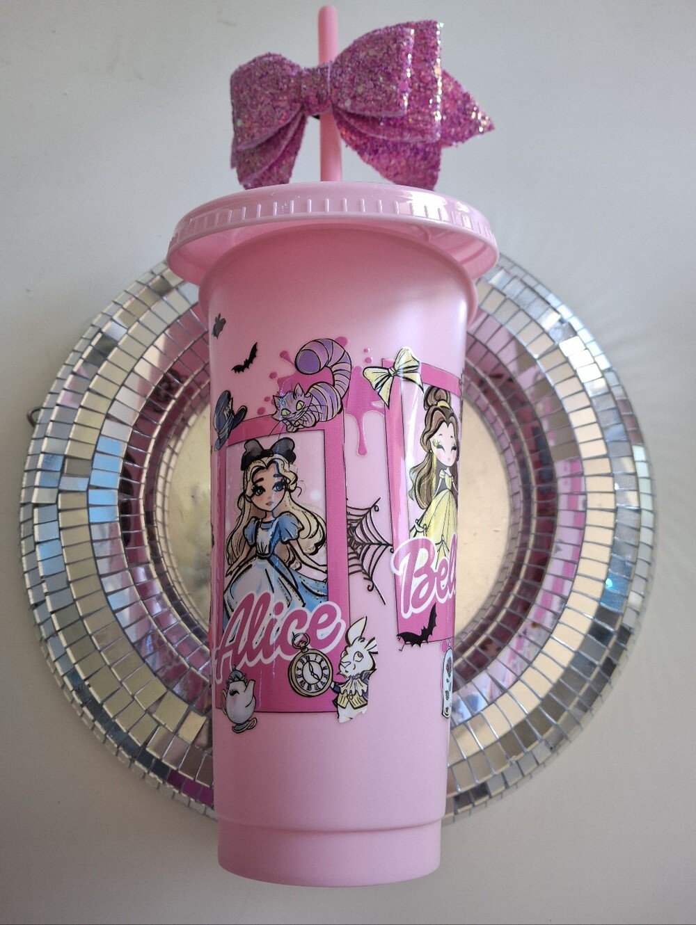 Disney Princess pink tumbler cup with glitter bow new wonderland